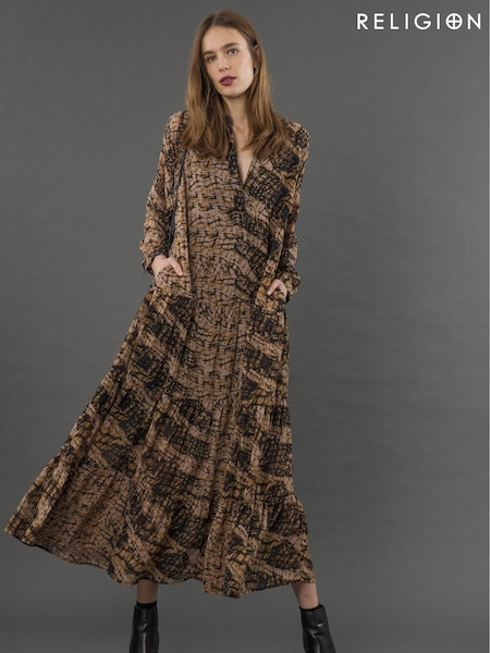 Religion Sunset Maxi Shirt Dress With A Tiered Boho Style Skirt In Abstract Prints (AP8147) | 148 €