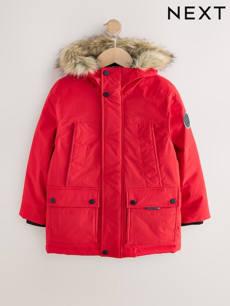 Red Heavyweight Shower Resistant Faux Fur Trim Parka Coat (3-16yrs) (AP8179) | €57 - €72