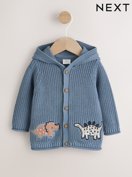 Navy Dinosaur Print Embroidered Baby Knitted Hooded Cardigan (0mths-2yrs) (AP8183) | AED86 - AED97