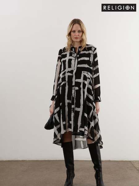 Religion Black High Low Midi Shirt Dress In Bold Monochrome Abstract Print (AP8194) | €105