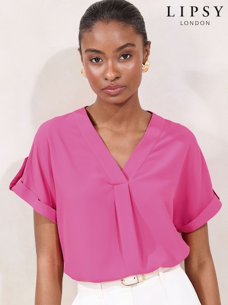 בז'/ורוד בהיר - Lipsy Utility V-Neck Short Roll Sleeve Top (AP8315) | ‏151‏₪