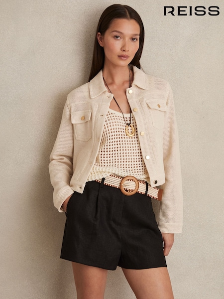 Reiss Black Beau Linen Pleat-Front Belted Shorts (AP8473) | ₪875