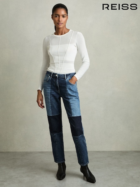 Reiss Mid Blue Birch Petite Straight-Leg Patchwork Jeans (AP8476) | €256