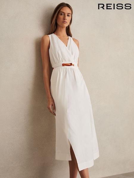 Reiss Ivory Brianne Poplin Belted Split Midi Dress (AP8480) | €259