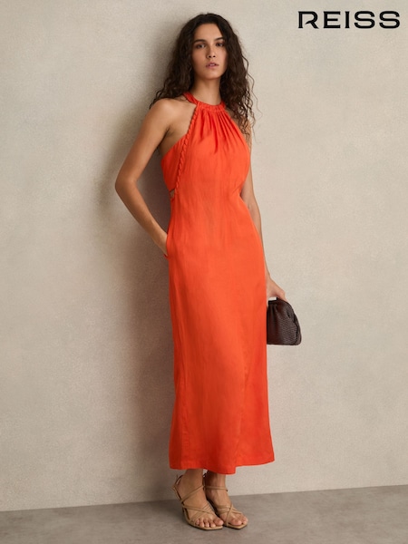 Reiss Red Erika Whipstitch Halterneck Midi Dress (AP8544) | €301