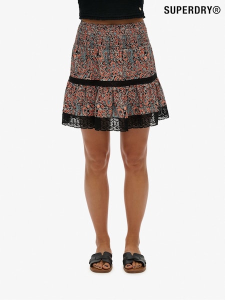 Superdry Black Mini Printed Lace Trim Tiered Skirt (AP8564) | €51