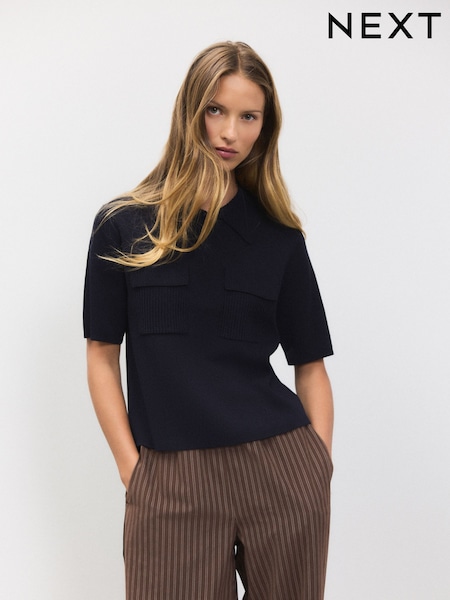 Dark Navy Knitted Polo Shirt With Pockets (AP8755) | €37