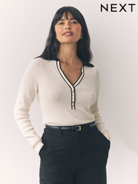 Ecru Cream Tipped Soft Touch V-Neck Knitted Polo Top with Cotton (AP8756) | €32.50