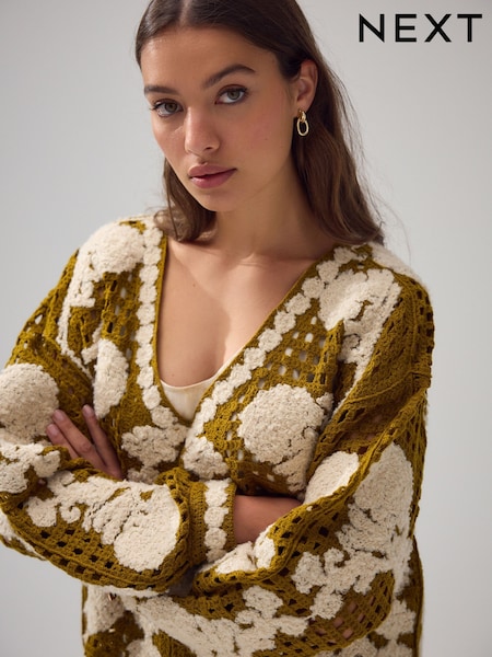 Azeitona verde - Floral Print Crochet Jacket Cardigan (AP8762) | R$ 480
