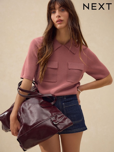 Blush Pink Knitted Polo Shirt With Pockets (AP8767) | €37