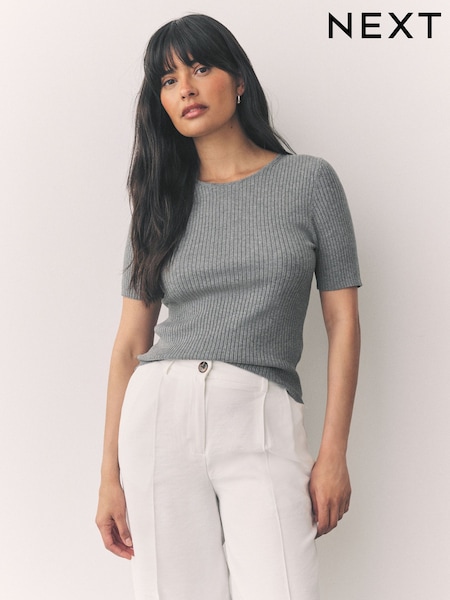 Grey Ribbed Short Sleeve Knitted Crew Neck Top with Cotton (AP8768) | €20