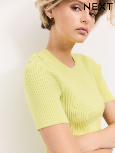 Lime Green Ribbed Short Sleeve Knitted Crew Neck Top with Cotton (AP8769) | 81 QAR