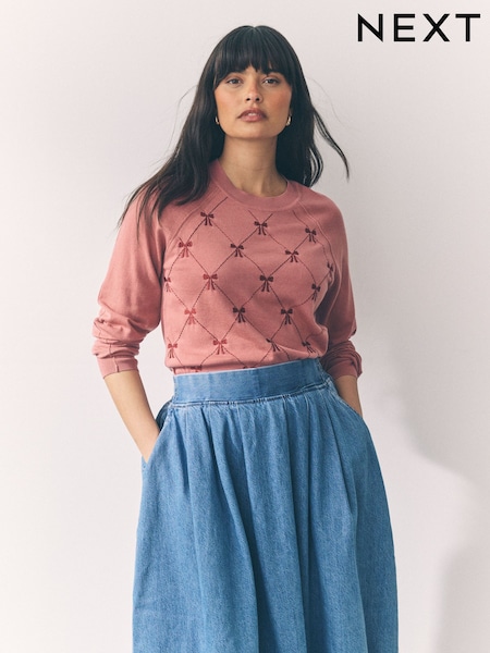Pink Blush Embroidered Bow Soft Touch Crew Neck Jumper With Cotton (AP8772) | R$ 250