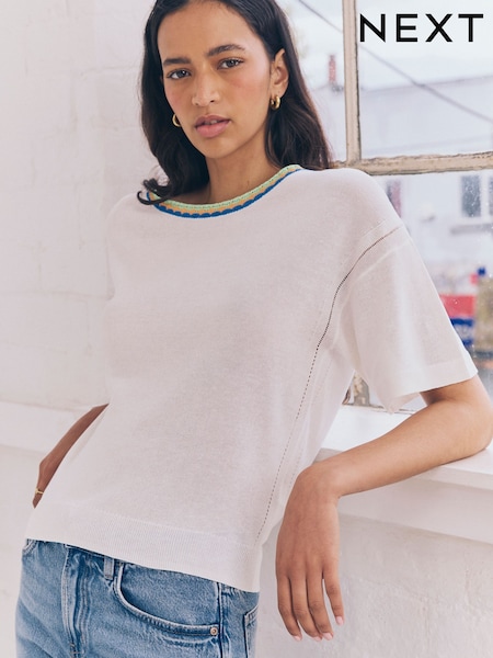 White Ecru Short Sleeve Crew Neck T-Shirt With Linen (AP8775) | €27