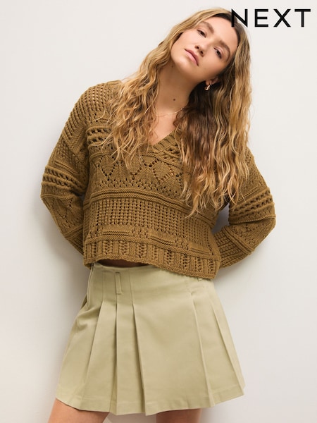Khaki Green Cotton Stitch Long Sleeve V-Neck Jumper (AP8777) | €46