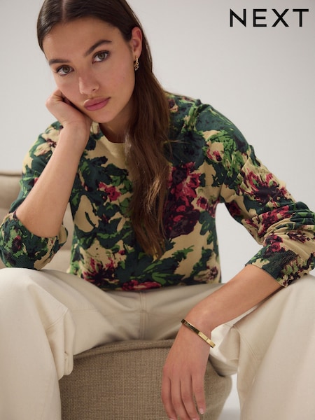 Green Floral Print Soft Touch Crew Neck Jumper With Cotton (AP8781) | R$ 250