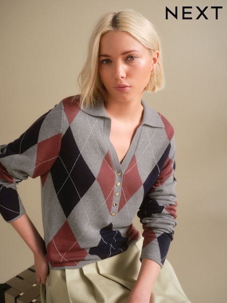 Grey Argyle Soft Touch V-Neck Knitted Polo Top with Cotton (AP8785) | €41.50