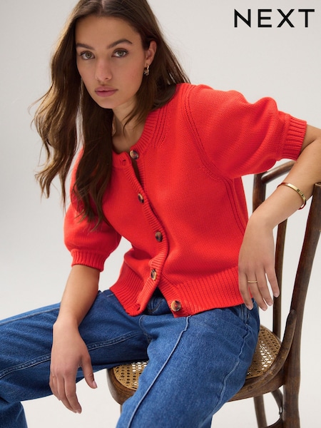 Orange Red Cotton Short Sleeve Button Up Cardigan (AP8790) | R$ 280