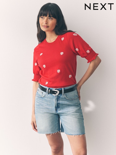 Red Flower Print Short Sleeve Crew Neck T-Shirt With Frill Edge Detail (AP8795) | €34.50