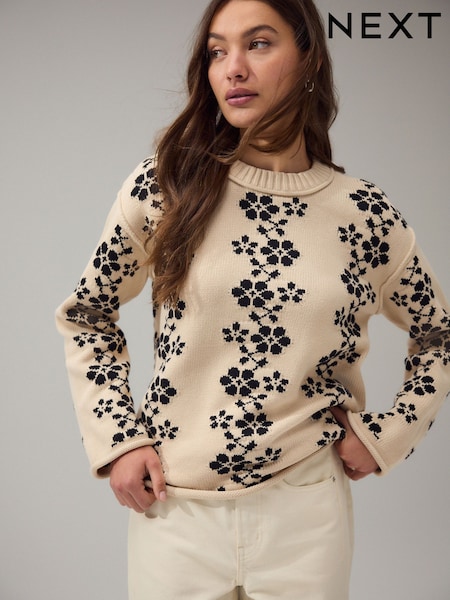 Mono Flower Print - Cotton Roll Edge Crew Neck Long Sleeve Jumper (AP8802) | R$ 340