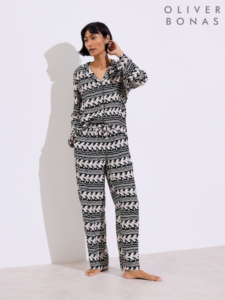Oliver Bonas Black Wave Shirt & Trousers Pyjamas Set (AP8832) | €43