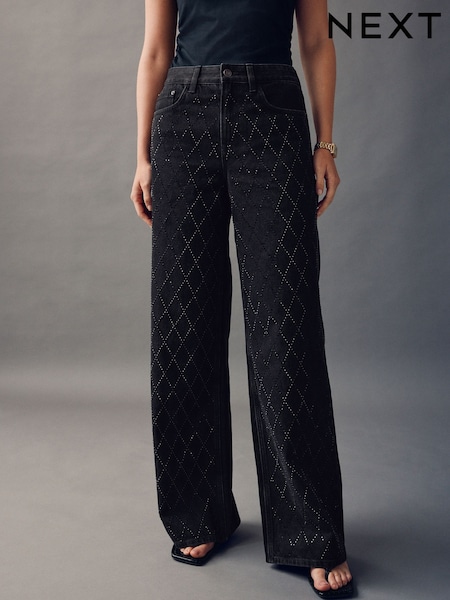 Black Embellished Wide Leg Jeans (AP9103) | AED164