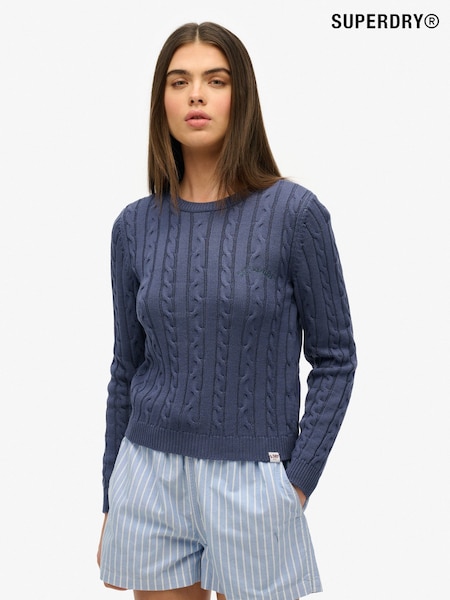 Blauw - Superdry Essentials Slim Cable Knit Crew Neck 100% Cotton Jumper (AP9216) | € 52