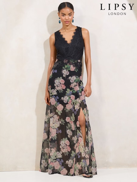 Lipsy Black Floral Printed Lace Mix V-Neck Maxi Dress (AP9286) | €114