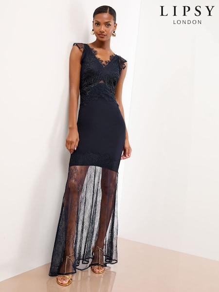 أزرق داكن - Lipsy Cami Mesh Lace Mix Hem Maxi Dress (AP9309) | ‏611 د.إ.‏