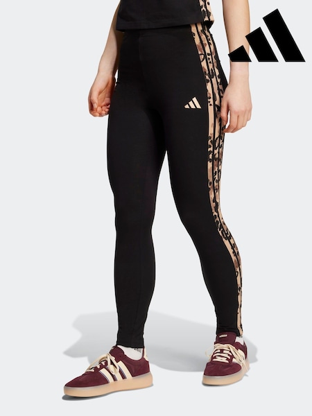 adidas Black Animal Print 3-Stripes High Rise Cotton Leggings (AP9384) | R$ 275