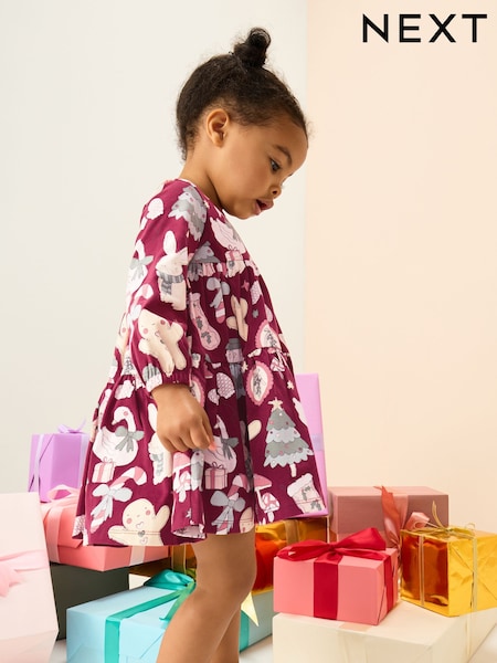 Red Christmas Long Sleeve Tiered Dress (3mths-7yrs) (AP9462) | AED41 - AED51