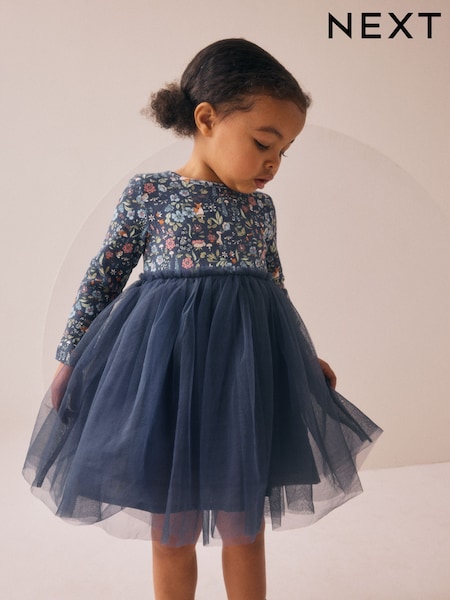 Navy Floral Long Sleeve Mesh Party Dress (3mths-7yrs) (AP9474) | €17.50 - €20