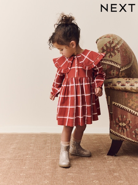 Red Check Long Sleeve Collared Dress (3mths-7yrs) (AP9488) | OMR6 - OMR7
