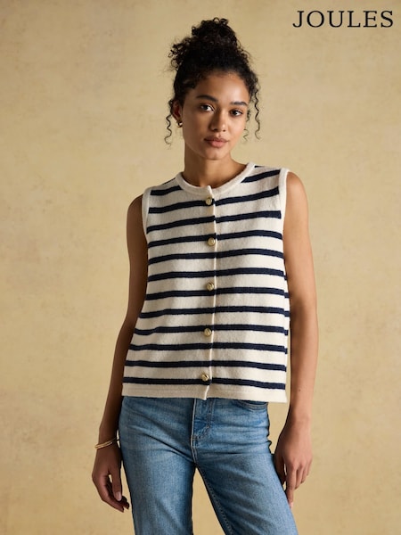 Joules Holly Cream/Navy Button Through Knitted Vest (AP9595) | R$ 475
