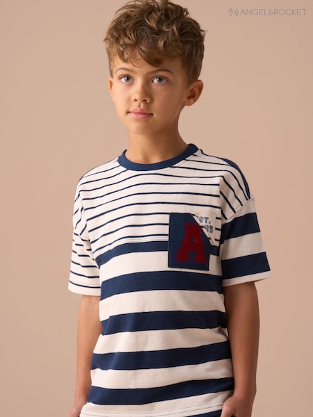 Angel & Rocket Blue Lewis Textured Stripe Block 100% Cotton T-Shirt (AP9874) | R$ 160 - R$ 195