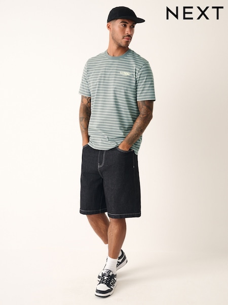 Grey Graphic Print Relaxed Fit Stripe Heavyweight 100% Cotton T-Shirt (AP9987) | 109 QAR