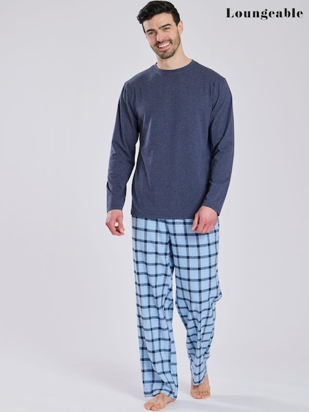 Loungeable Blue Jersey Top With Brushed Check Pants Pyjama Set (AP9992) | €37