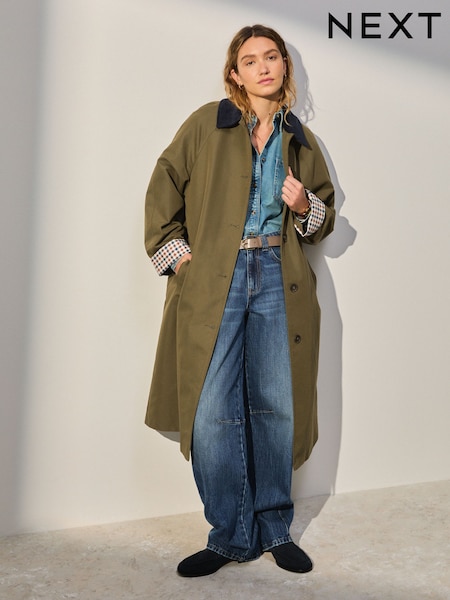 Khaki Green Single Breasted Trench Heirtage Coat with Contrast Collar (AP9998) | €105.50