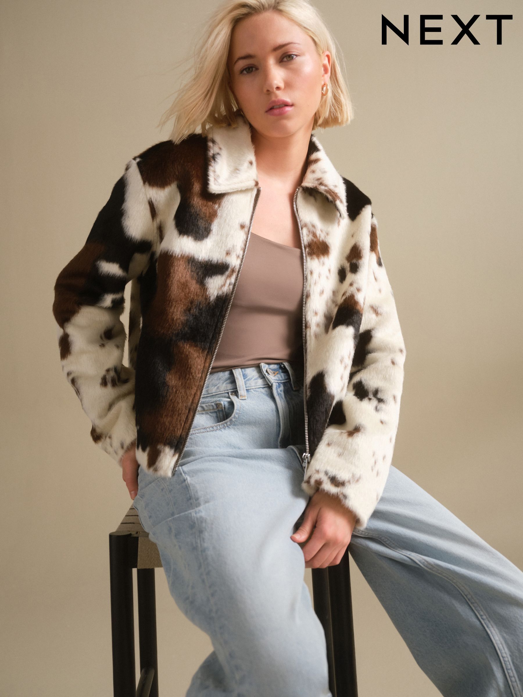 Women's Jackets Brown Zip Through Print Coatsandjackets