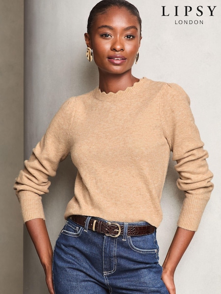 Natural - Lipsy Knitted Wool Blend Scalloped Neck Jumper (AR0197) | 45 €