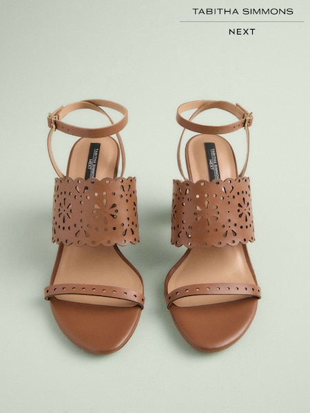 Tan Brown Tabitha Simmons x Next Dahlia Leather Round Toe Laser Cut Detail Block Heel Sandals (AR0675) | €126