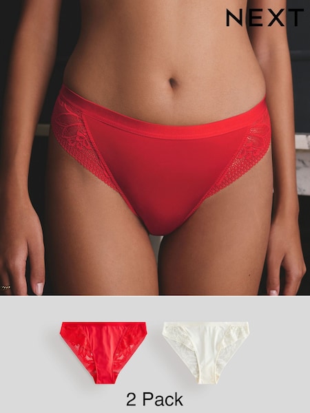 Red/Cream High Leg Microfibre and Lace Knickers 2 Pack (AR0728) | €19