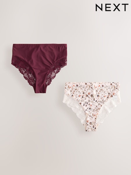 Cream Floral Print & Berry High Rise Lace Trim Knickers (AR0730) | € 16