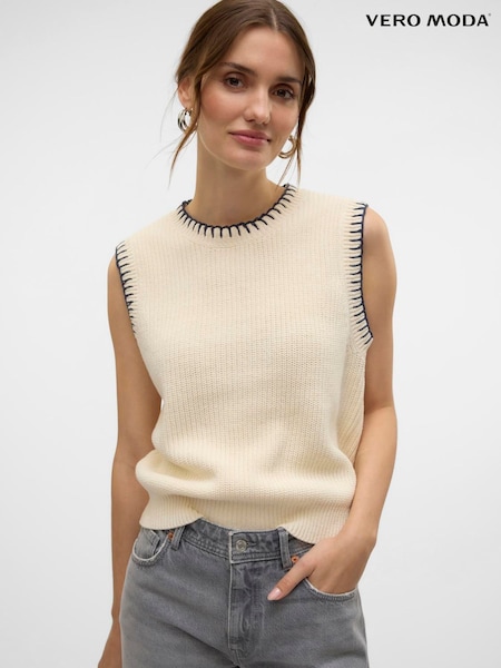 VERO MODA Cream Knitted Vest with Contrast Stitch Detail (AR0763) | €48
