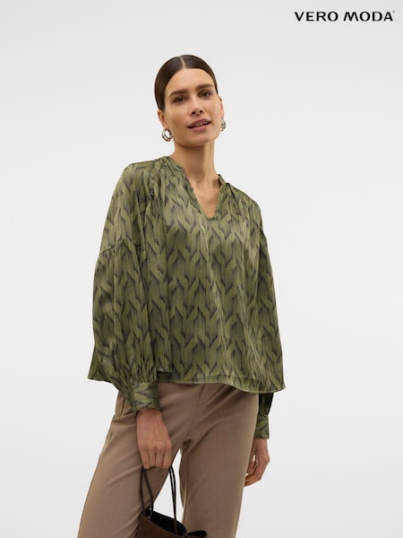 VERO MODA Green Graphic Printed Satin Balloon Sleeve Blouse (AR0851) | 94 QAR