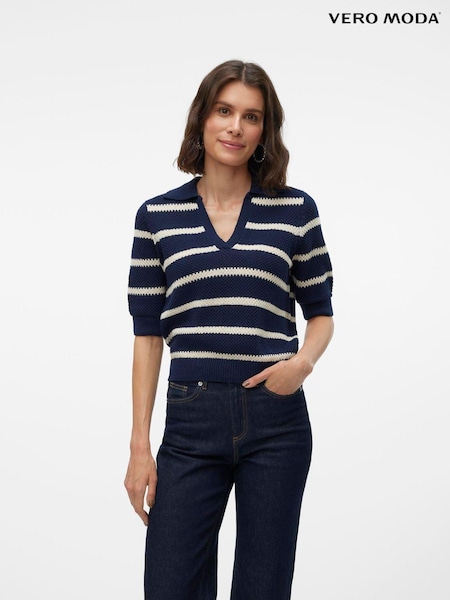 VERO MODA Blue 3/4 Sleeve Stripe Knitted Polo Top (AR0854) | 1,682 UAH