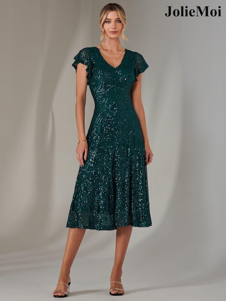 Jolie Moi Green Fit & Flare Sequin V-Neck Midaxi Dress (AR1070) | $135