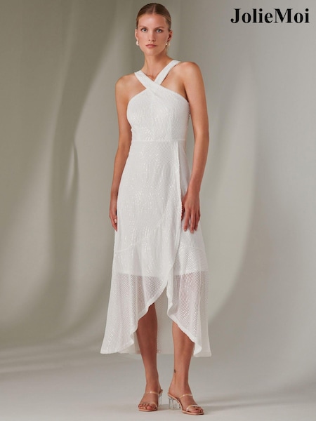 Jolie Moi White Cross Neck Frill Hem Maxi Dress (AR1071) | €108