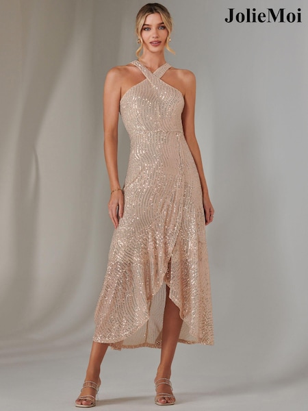 Jolie Moi Gold Cross Neck Frill Hem Maxi Dress (AR1072) | $146
