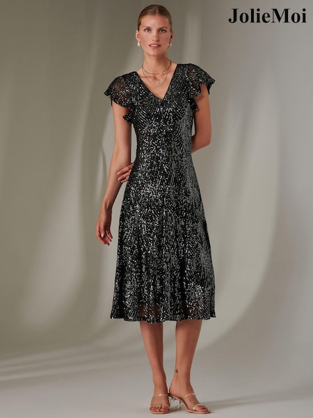 Jolie Moi Charcoal Black Fit & Flare Sequin V-Neck Midaxi Dress (AR1073) | €104